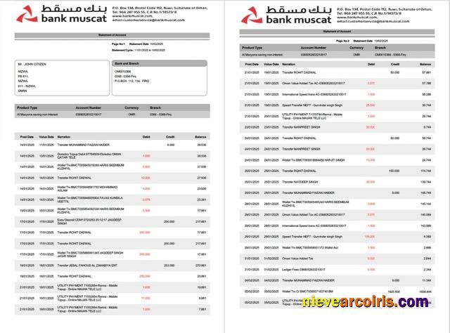 Oman Bank Muscat statement of account Word and PDF, 2 pages